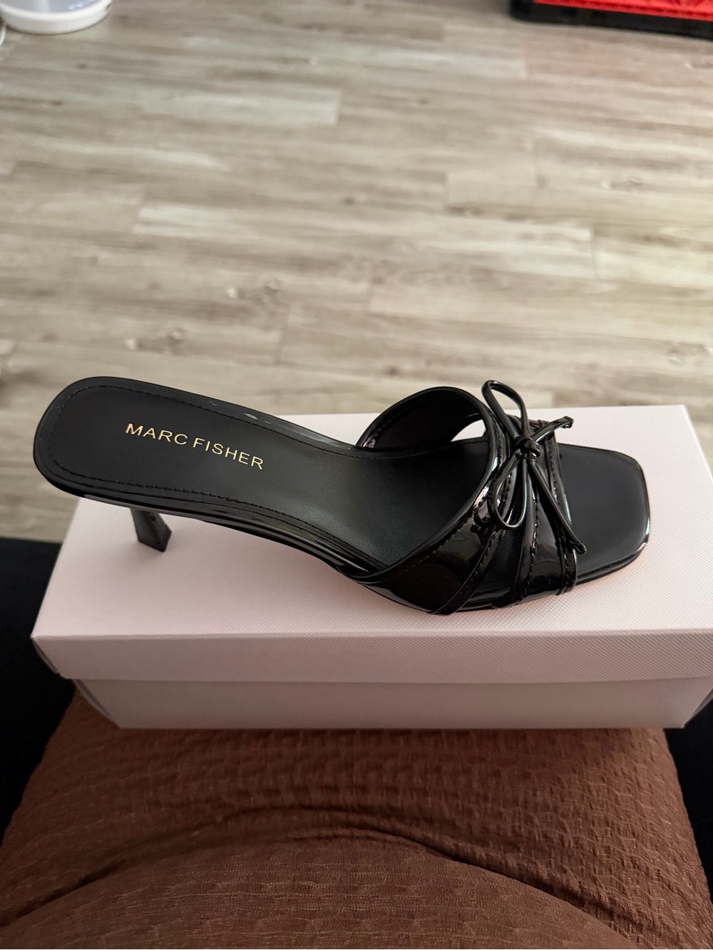 Marc Fisher Black Patent Knot Slide Heels